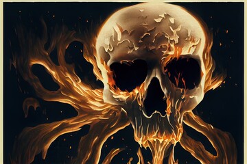 Poster - Skull burned in fire in dark Halloween night. Concept of Halloween