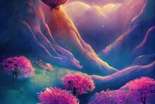 A Fantasy Chinchilla With Flowers And A Beautiful Magical Fairy Tale Enchanted Forest. Artistic Abstract Beautiful Nature. Perfect For Phone Wallpaper Or For Posters.
