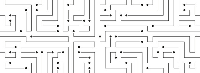 Fototapete - Future circuit board connect dots and lines banner background template. Network technology database graphic vector.
