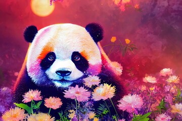 Wall Mural - A fantasy Japanese panda in the midst of colorful flowers in a magical enchanted place. Artistic abstract beautiful animal. Perfect for phone wallpaper or for posters. 3D Rendering. 3D Illustration