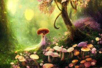 Canvas Print - A fantasy chanterelle with flowers and a beautiful magical fairy tale enchanted forest. Artistic abstract beautiful nature. Perfect for phone wallpaper or for posters.