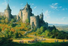 A Landscape Illustration Of The Medieval Fantasy Fortified Castle And Knights With Colourful Trees Under Vast Blue Sky.
