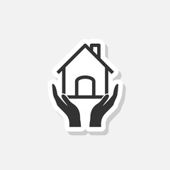 Sticker - Hand holding house sticker icon isolated on white background