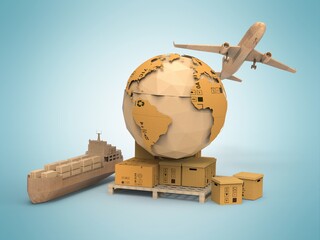 Carton world map. Global logistics, shipping and worldwide delivery business, 3d illustration concept