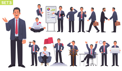 Big set of manager character. Businessman or entrepreneur in different poses and actions. Business man meditates