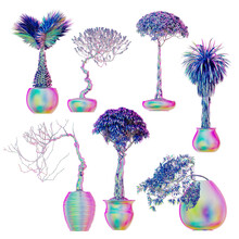 Set Of 7 Beautiful Detailed Bonsai Japanese Trees In Iridescent Colors. Set Of Detailed 3D Elements In Very High Resolution With Full Transparency. Colorful 3D Abstract Illustration
