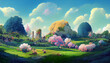 beautiful fantasy landscape field full of spring with flowers field, beautiful sky, anime style color, digital art painting background. 3D rendering