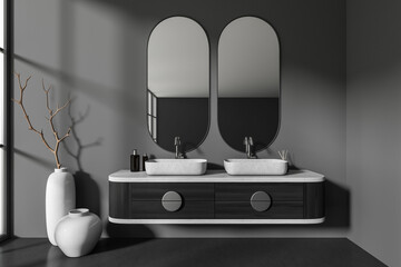 Front view on dark bathroom interior with two mirrors, sinks