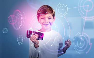 Wall Mural - Preschool kid with phone, happy smile and metaverse hologram