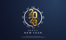Luxury Design Happy New Year 2023 With Gold Number On Clock Background