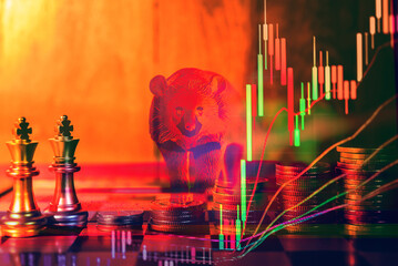 Wall Mural - Financial data in term of a digital prices on LED display. A number of daily market price and quotation of prices chart to represent candle stick tracking in Forex trading.