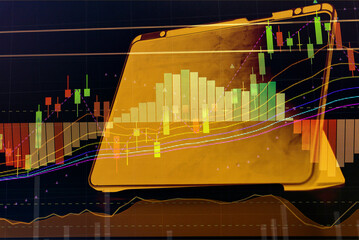 Wall Mural - Financial data in term of a digital prices on LED display. A number of daily market price and quotation of prices chart to represent candle stick tracking in Forex trading.