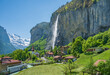 Landscape of Lauterbrunnen village, the Staubbach Fall and the Lauterbrunnen Wall in Swiss Alps, Switzerland.