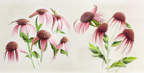 Echinacea. Botanical illustration on white paper. The best medicinal plants, their effects and contraindications. Natural medicine. Plant properties.