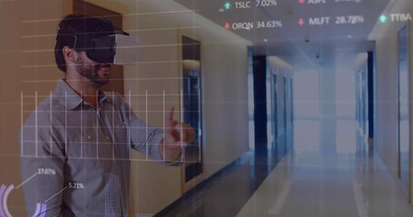 Poster - Animation of numbers and statistics over caucasian man wearing vr headset