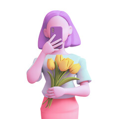 Wall Mural - Portrait of casual young woman in blue t-shirt, red skirt, purple hair, posing, taking selfie on smartphone camera. Faceless girl holds yellow tulips in one hand. 3d render isolated on white backdrop.