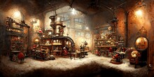 Fairy Tale Santa's Toy Factory, Christmas Scene, Winter Illustration, Cartoon, In Cyberpunk Style Colors,