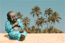 Little Buddha With Arms Crossed On His Chest Against The Backdrop Of An Oasis In The Desert.