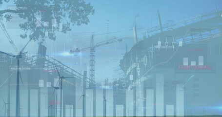 Sticker - Image of financial data processing and wind turbines over building site