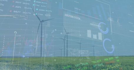 Sticker - Image of financial data processing over wind turbines