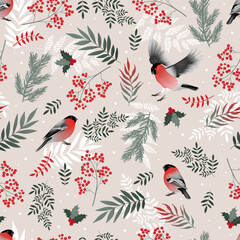 Bullfinch birds seamless scandinavian pattern with leaves and berries. Merry Christmas collection background. Winter texture. Vector illustration