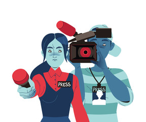 Wall Mural - Man and Woman Reporter with Microphone and Camera Filming as Independent Media Work Vector Illustration