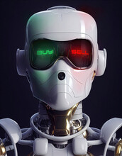 Robot Or Automated Software Executing Financial Stock Market Trades, Mixed Digital 3d Illustration And Matte Painting.