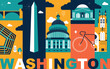 Typography word Washington branding technology concept. Collection of flat vector web icons. Culture travel set, famous architectures, specialties silhouette. USA famous landmark split video screen