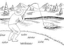 Fisherman Graphic Black White Landscape Sketch Illustration Vector