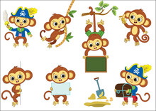 Vector Illustration Set Of Monkey Character In Different Poses.
