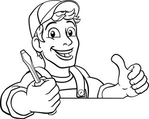 Wall Mural - Electrician handyman man handy holding electricians screwdriver tool cartoon construction mascot. Peeking over a sign and giving a thumbs up.