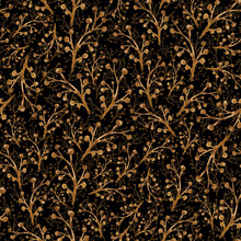Watercolor Painted Golden Floral Seamless Pattern On A Black Background. Tile With Hand Drawn Baroque Gold Scrolls, Flowers, Leaves And Branches