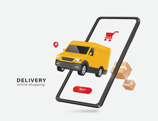 Yellow delivery vans and brown parcel boxes are flying from the smartphone screen,vector 3d isolated on white background for logistics,transport,delivery and online shopping concept design