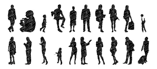 Wall Mural - Vector silhouettes, Outline silhouettes of people, Contour drawing, people silhouette, Icon Set Isolated, Silhouette of sitting people, Architectural set	
