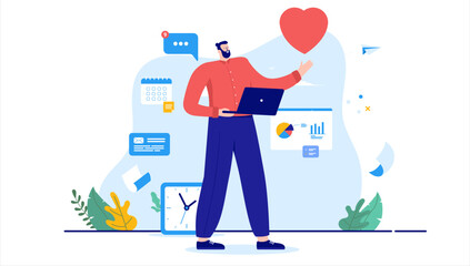 Love work - Satisfied man standing with computer enjoying his job and career. Job satisfaction concept, cartoon vector illustration in flat design with white background