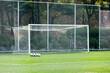 Soccer goalpost and soccer ball on soccer field.
