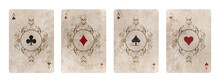 Aces With Ornate Pattern And Skulls, Isolated On White Background Of Aged Retro Style Poker Cards. Halloween Playing Cards