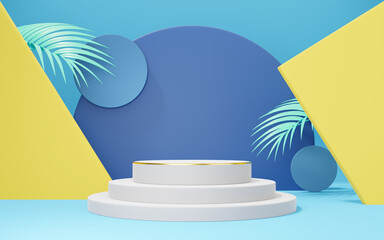 Wall Mural - 3D white cylinder podium mockup with palm leaf, gold border, circle, yellow wall on blue copy space background. Empty pedestal mockup space for display. Abstract minimal studio geometric. 3d rendering