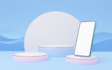 Wall Mural - Mobile phone on violet cylinder podium with gold border on blue wave background. Smartphone with blank white screen. Pedestal pastel mockup space for display of product. Paper cut style. 3d rendering.