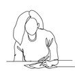 © Alvian - Continuous line drawing of a woman sitting at a table who is writing something. Hand drawn single line vector illustration
