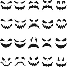 Halloween Monster Jack Lantern Pumkin Carved Glowing Scary Face Set On White Background. Holiday Cartoon Character Collectionfor Celebrating Design. Vector Cartoon Spooky  