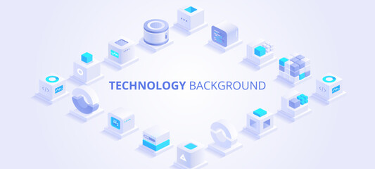 Technology abstract vector background. Blockchain isometric concept banner. Large data processing, database concept. Modern concept of digital technology in the shape of block chain net