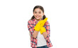 © be free - small girl cleaning in rubber gloves. kid clean house in latex gloves. Yellow gloves for cleaning the house. housework concept. time for washing. Cleaning supplies advertisement