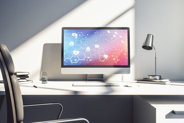Modern computer monitor with creative abstract medical hologram. Healthcare technolody concept. 3D Rendering