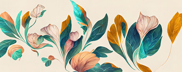 Wall Mural - Spectacular pastel template of flower designs with leaves and petals. Natural blossom artwork features with multicolor and shapes. Digital art 3D illustration.