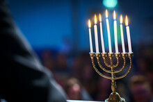 Menorah In Room With 7 Arms Hanukkah Symbol, Selective Focus
