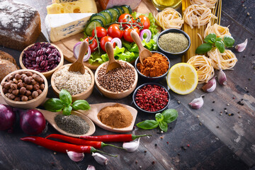 Composition with assorted organic food products on the table