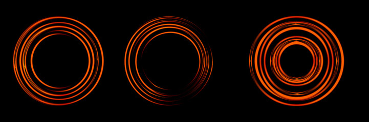 Gradient neon circle frame set. Line light. Glowing border isolated on dark background. Colorful night banner, vector light effect. Bright luminous form.