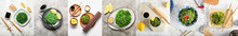 Collage Of Healthy Seaweed Salad On Light Background