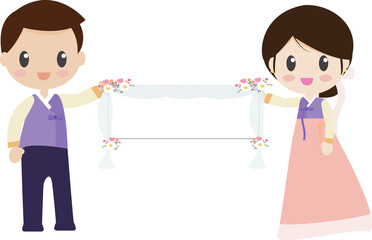 korean bride and groom in traditional wedding dress holding  banner